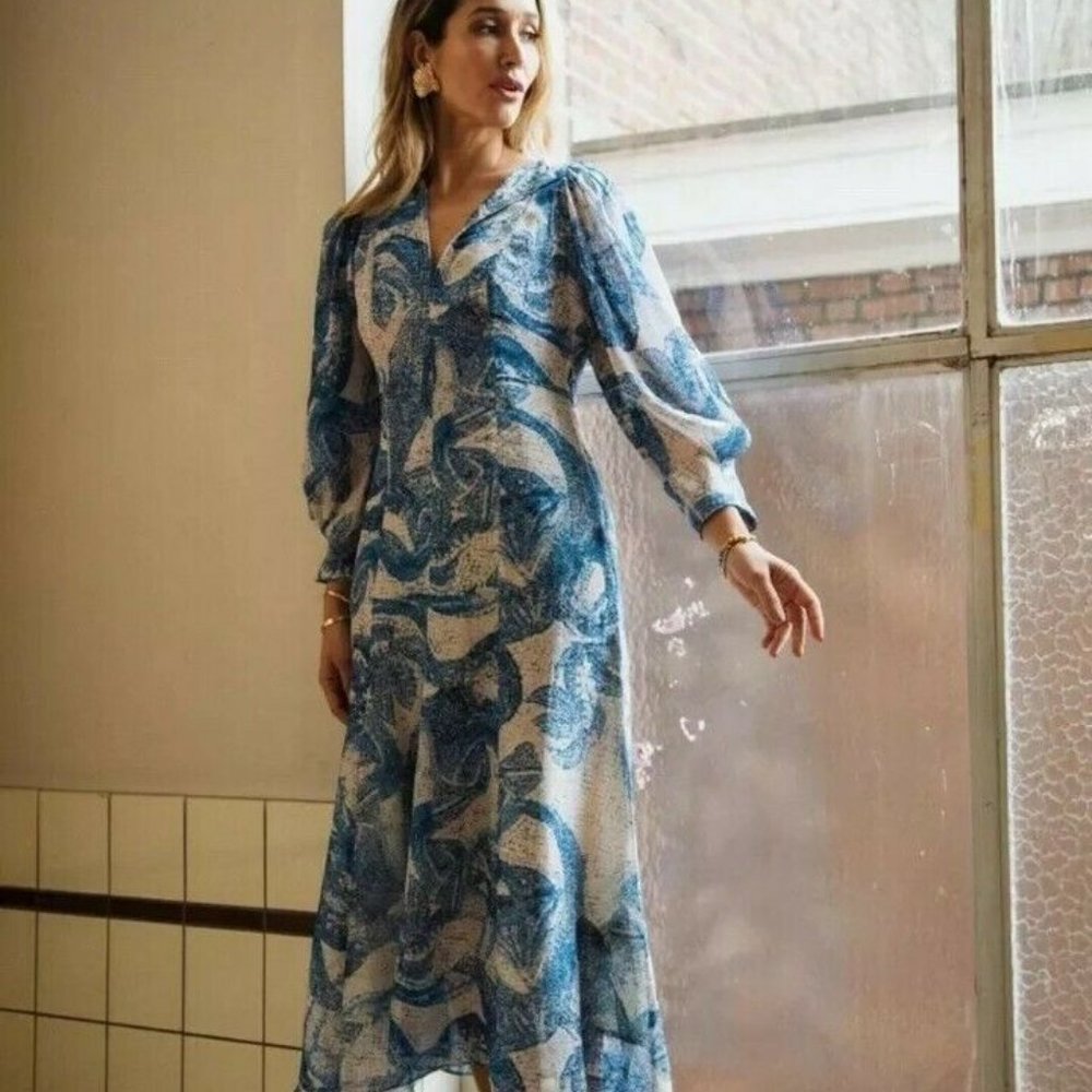 H&M CONSCIOUS EXCLUSIVE 100% Silk Mosaic Midi Puff Sleeve Cocktail Dress